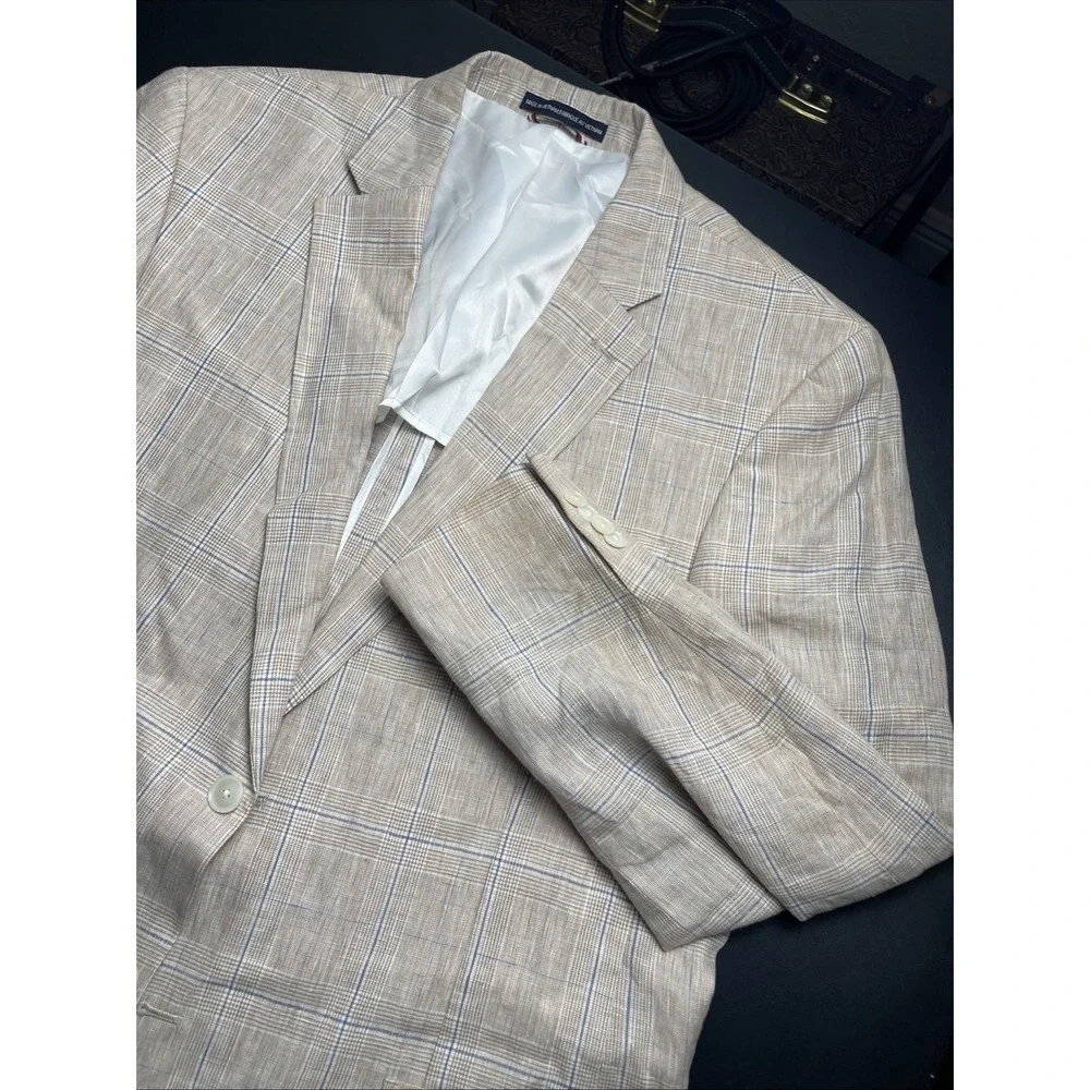 Tommy Hilfiger Linen Unstructured Windowpane Two Button Patch Pockets Blazer